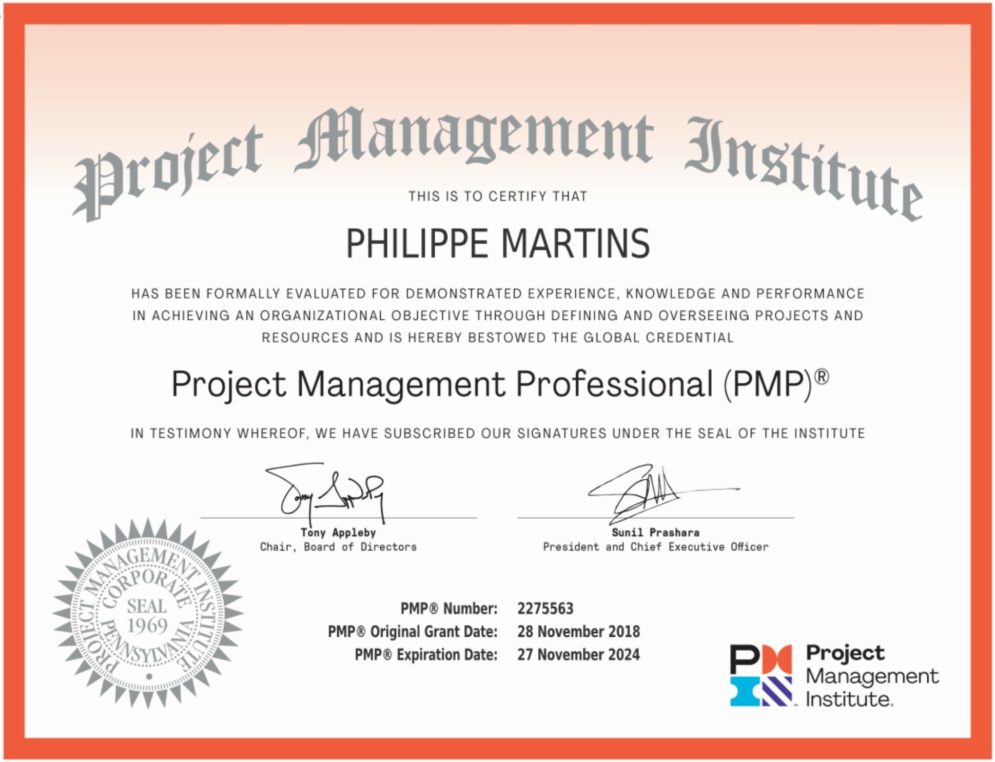 Philippe MARTINS, Project Manager certified (PMP)®